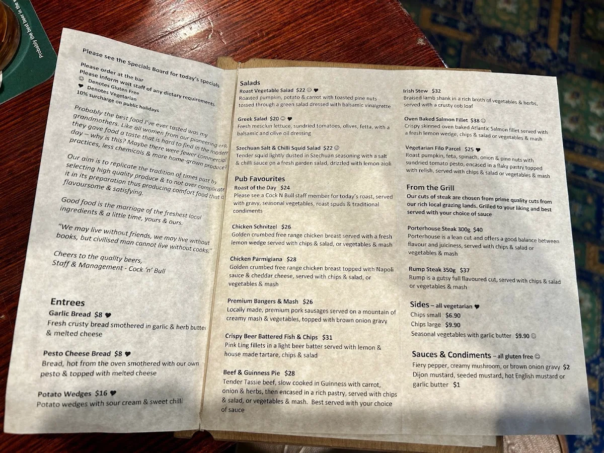 Menu, Cock'n'Bull British Pub