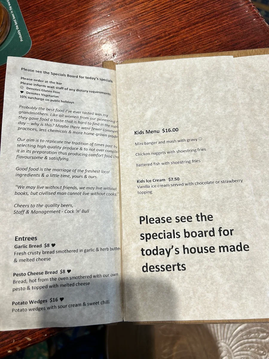 Menu, Cock'n'Bull British Pub