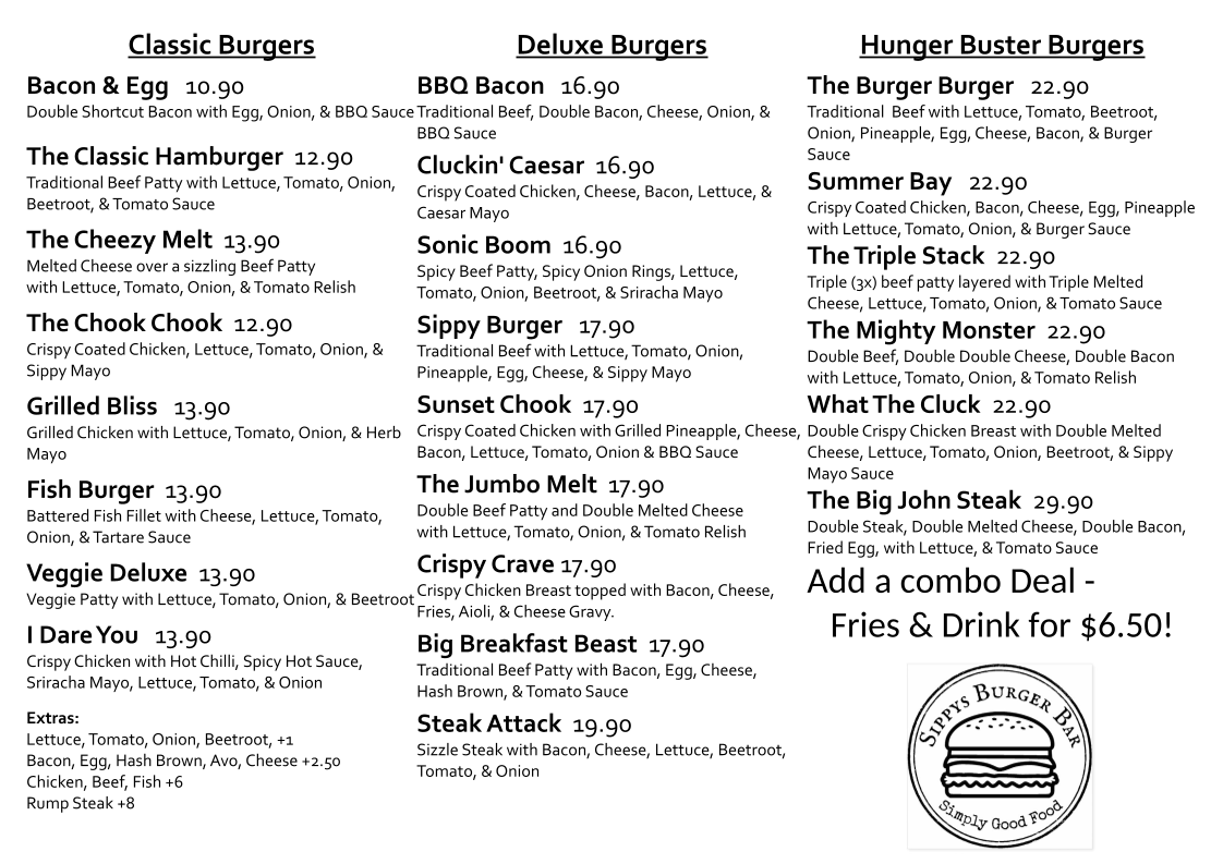 Menu, Sippy's Burger Bar and Takeaway