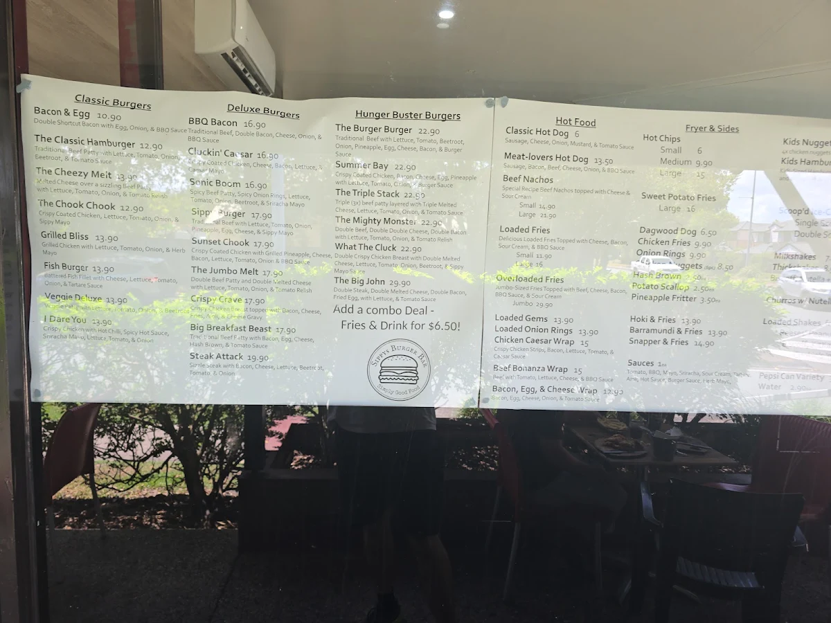 Menu, Sippy's Burger Bar and Takeaway