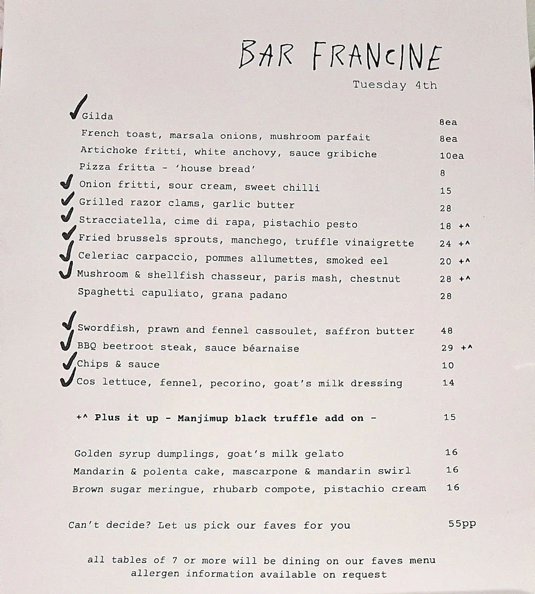 Menu, Bar Francine