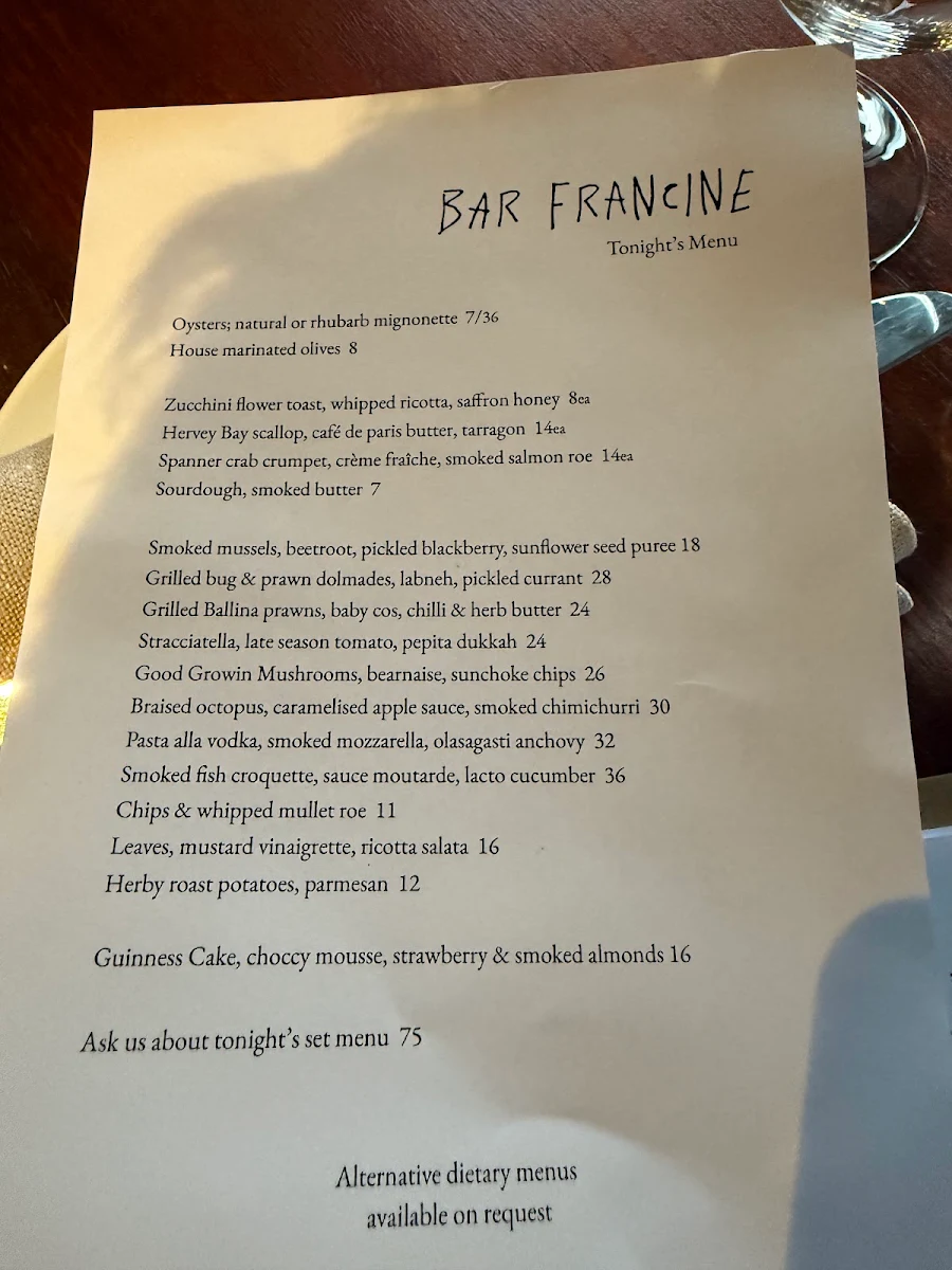 Menu, Bar Francine
