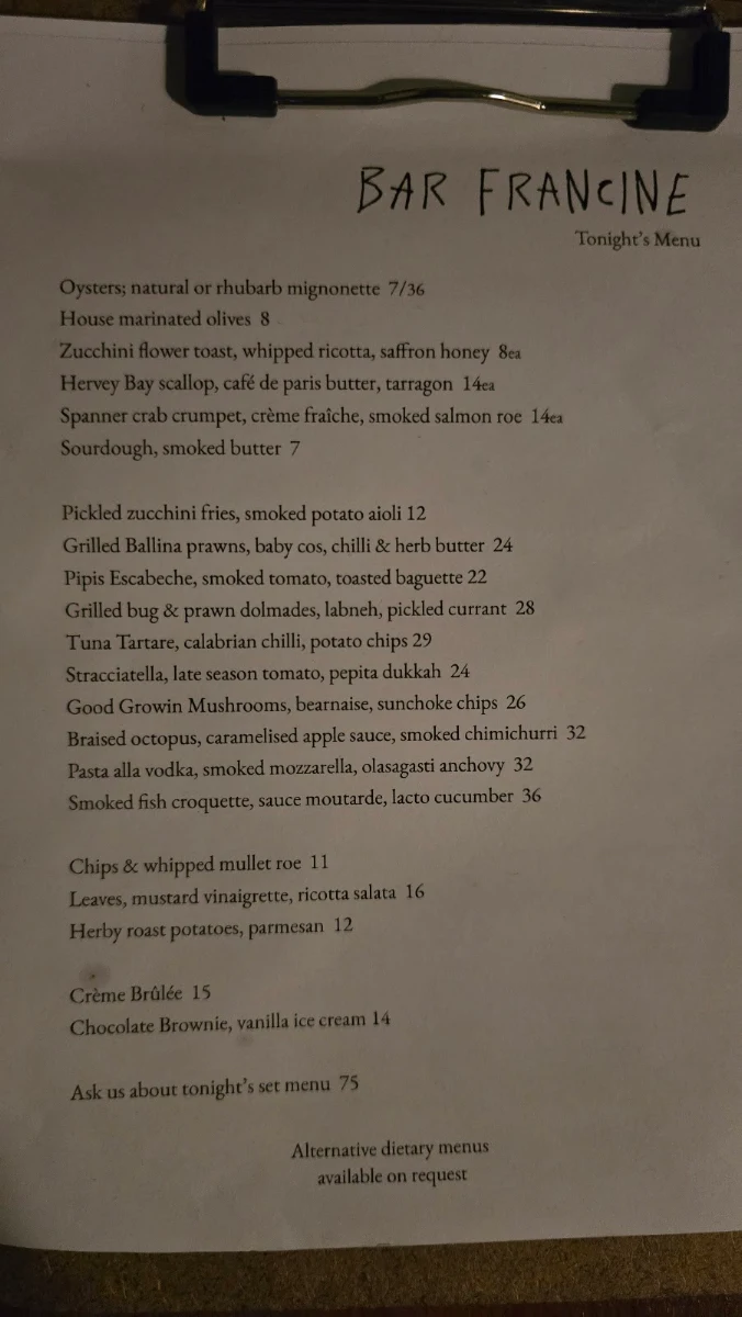 Menu, Bar Francine
