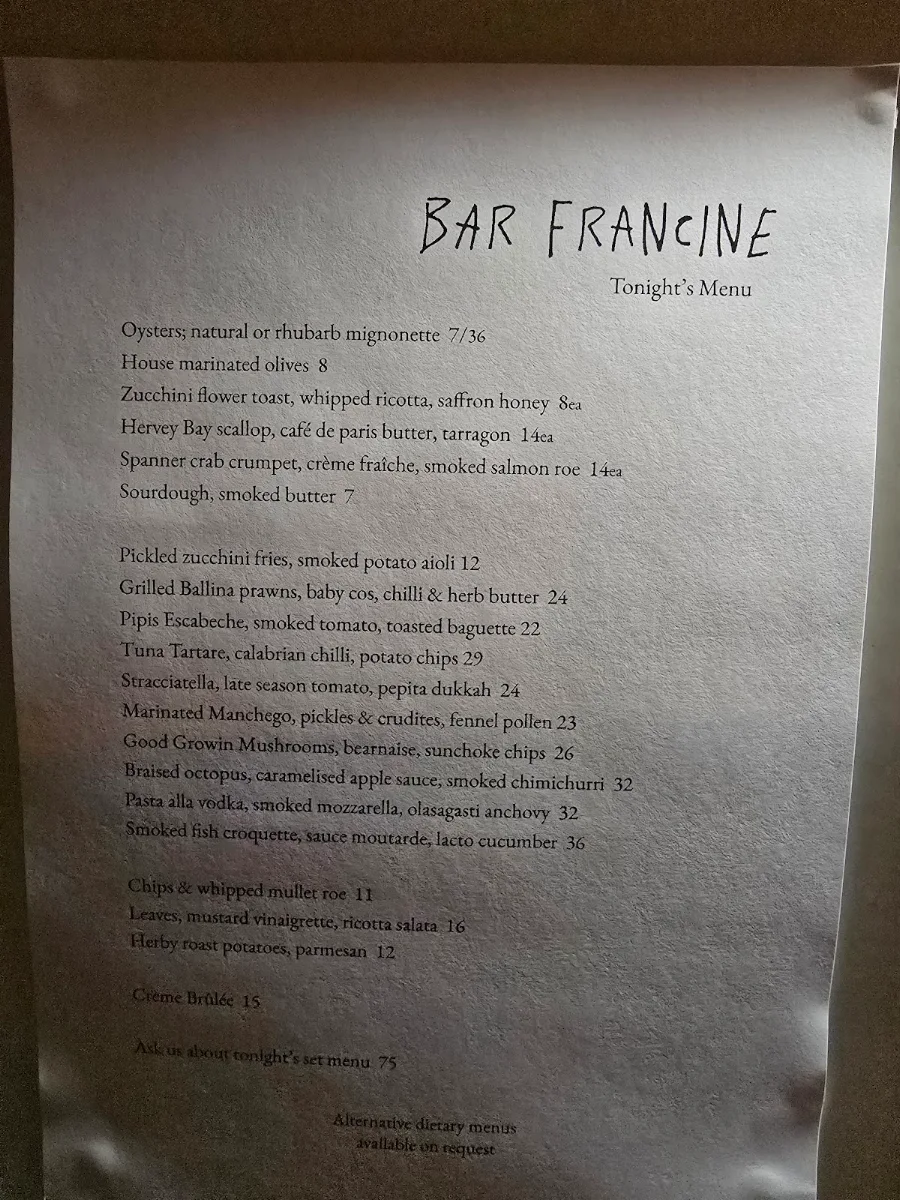 Menu, Bar Francine