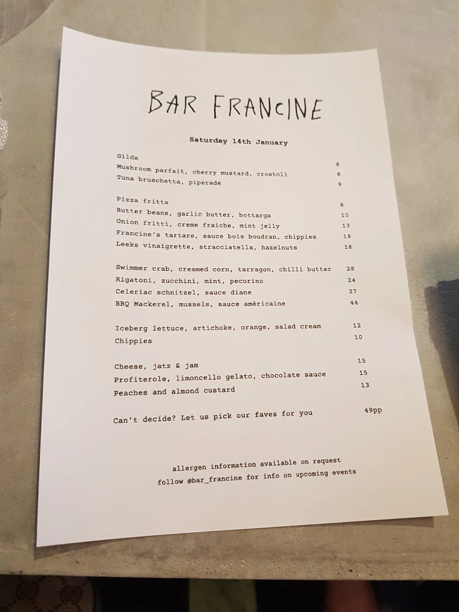 Menu, Bar Francine