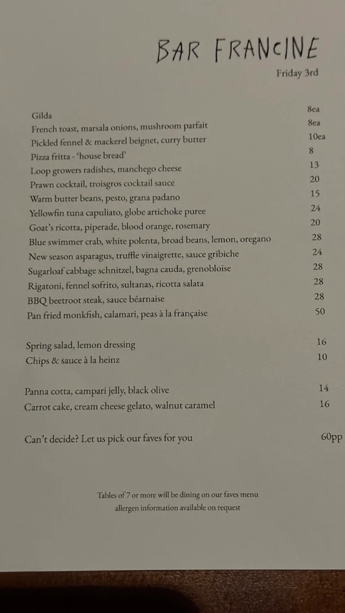 Menu, Bar Francine