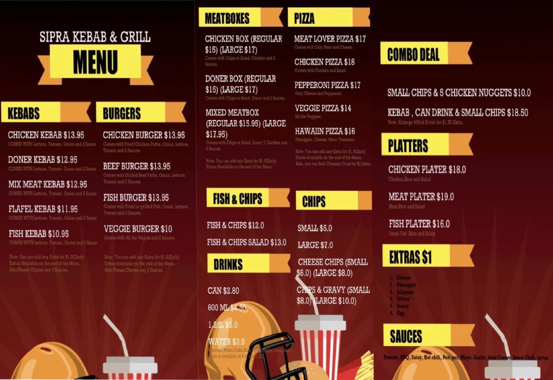 Menu, Sipra Kebab and Grill Yangebup