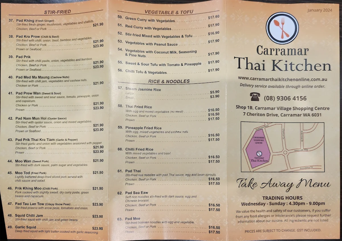 Menu, Carramar Thai Kitchen