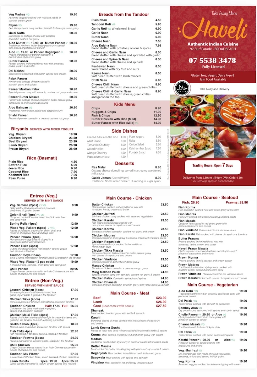 Menu, Haveli Authentic Indian Cuisine