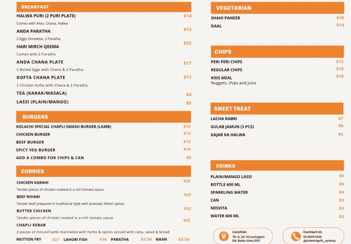 Menu, Kolachi grill