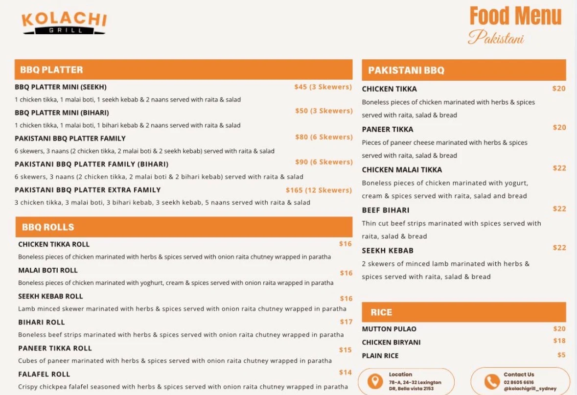 Menu, Kolachi grill