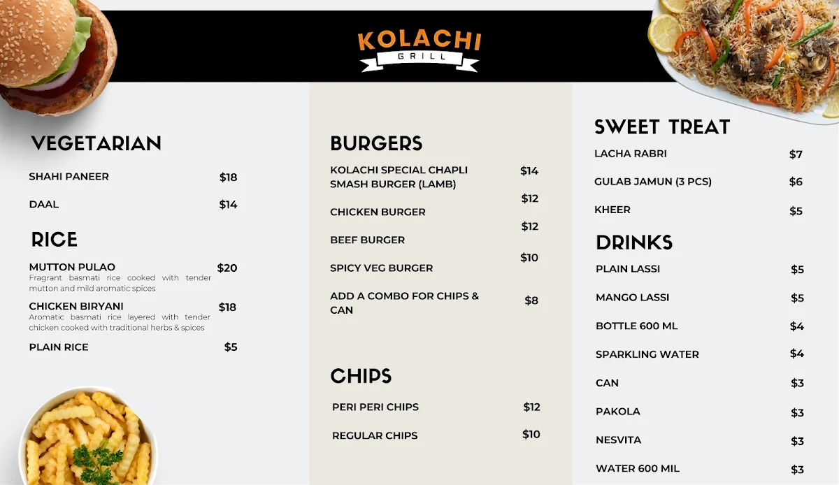 Menu, Kolachi grill