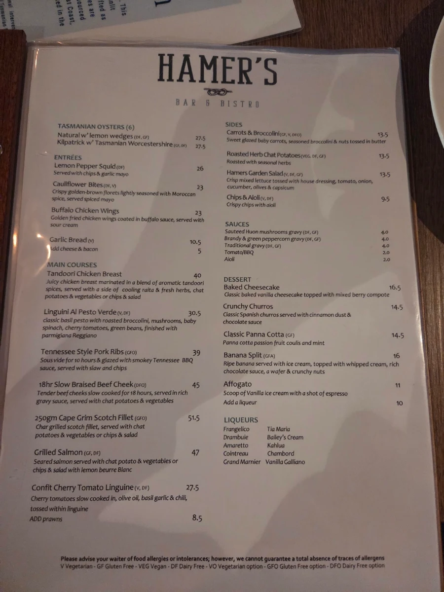 Menu, Hamer's Bar & Bistro