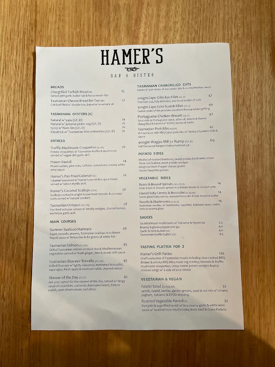 Menu, Hamer's Bar & Bistro
