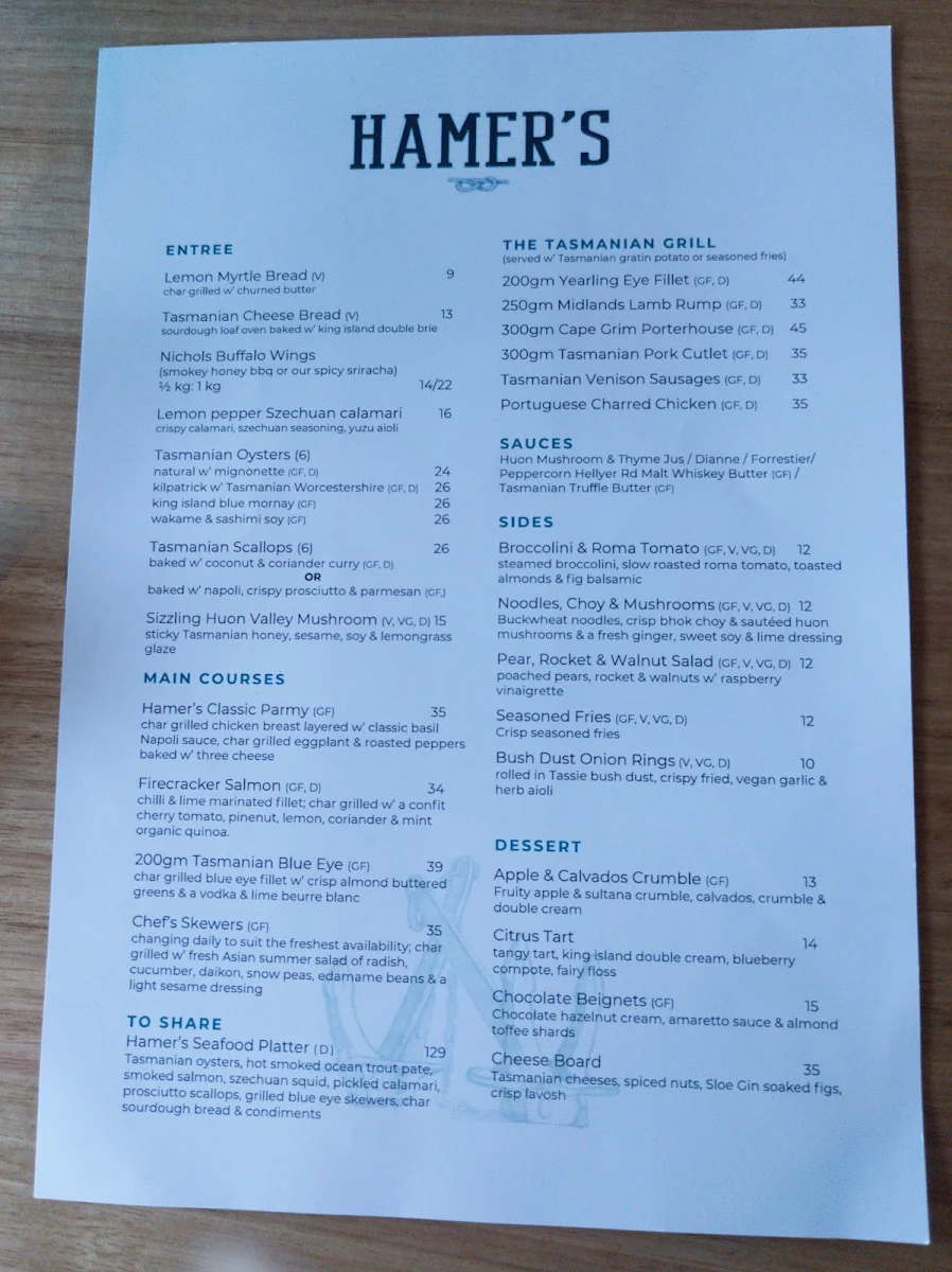 Menu, Hamer's Bar & Bistro