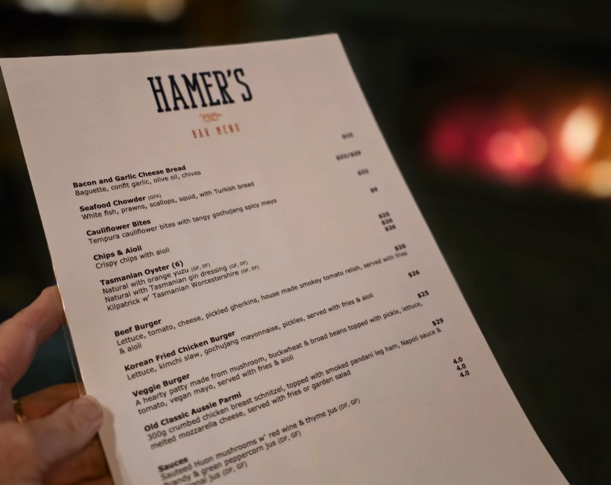 Menu, Hamer's Bar & Bistro