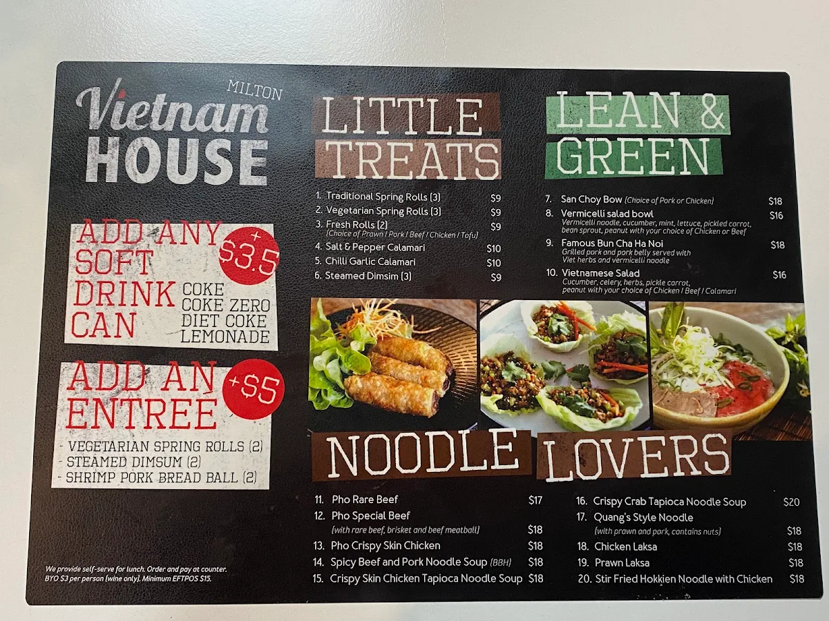 Menu, Vietnam House Milton