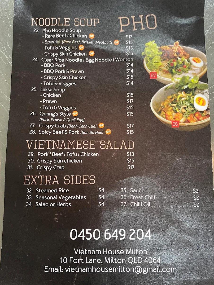 Menu, Vietnam House Milton