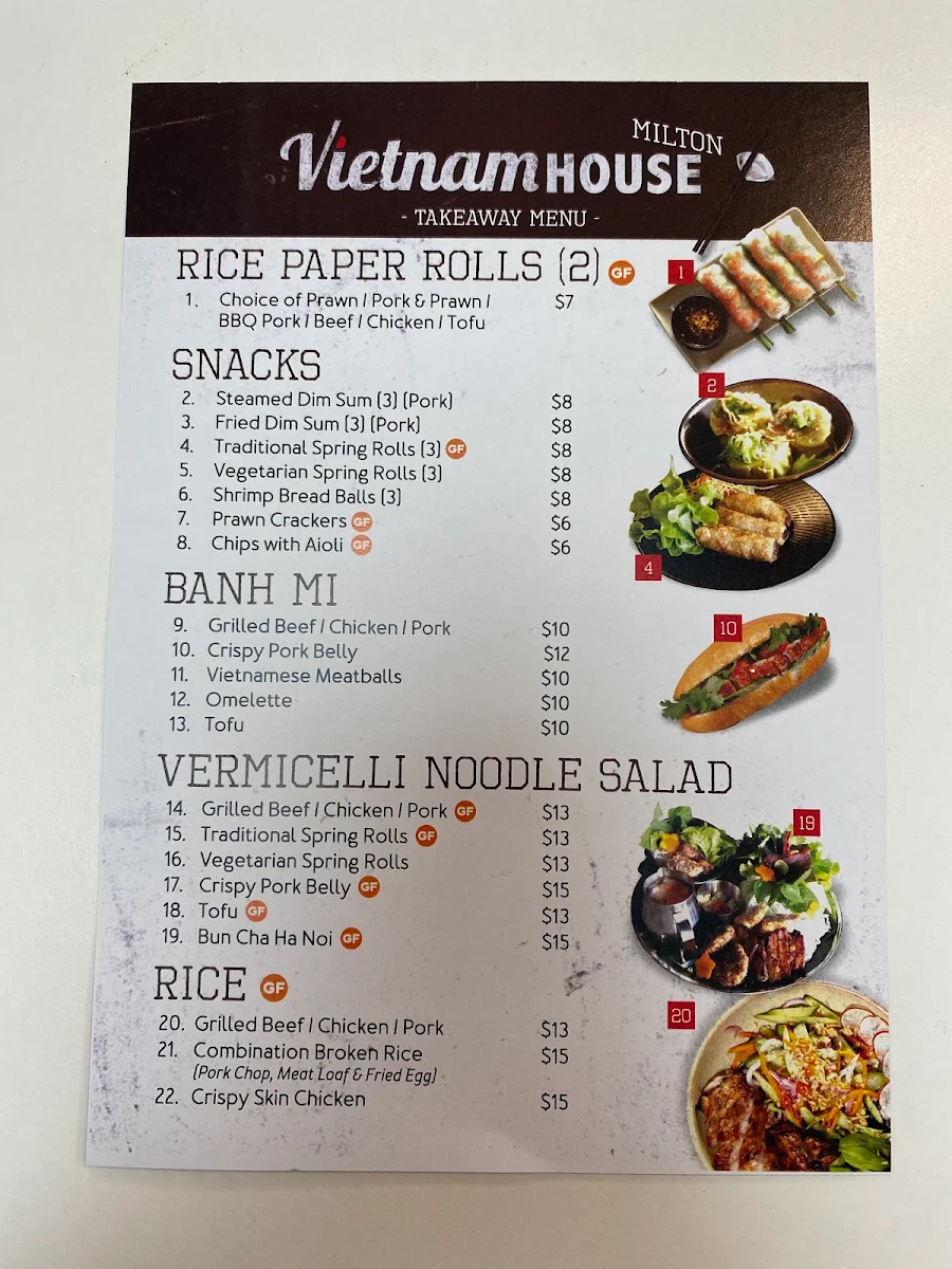 Menu, Vietnam House Milton