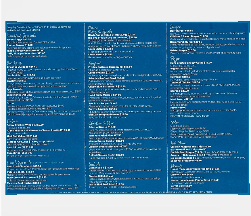 Menu, Salacia Waters Café & Restaurant