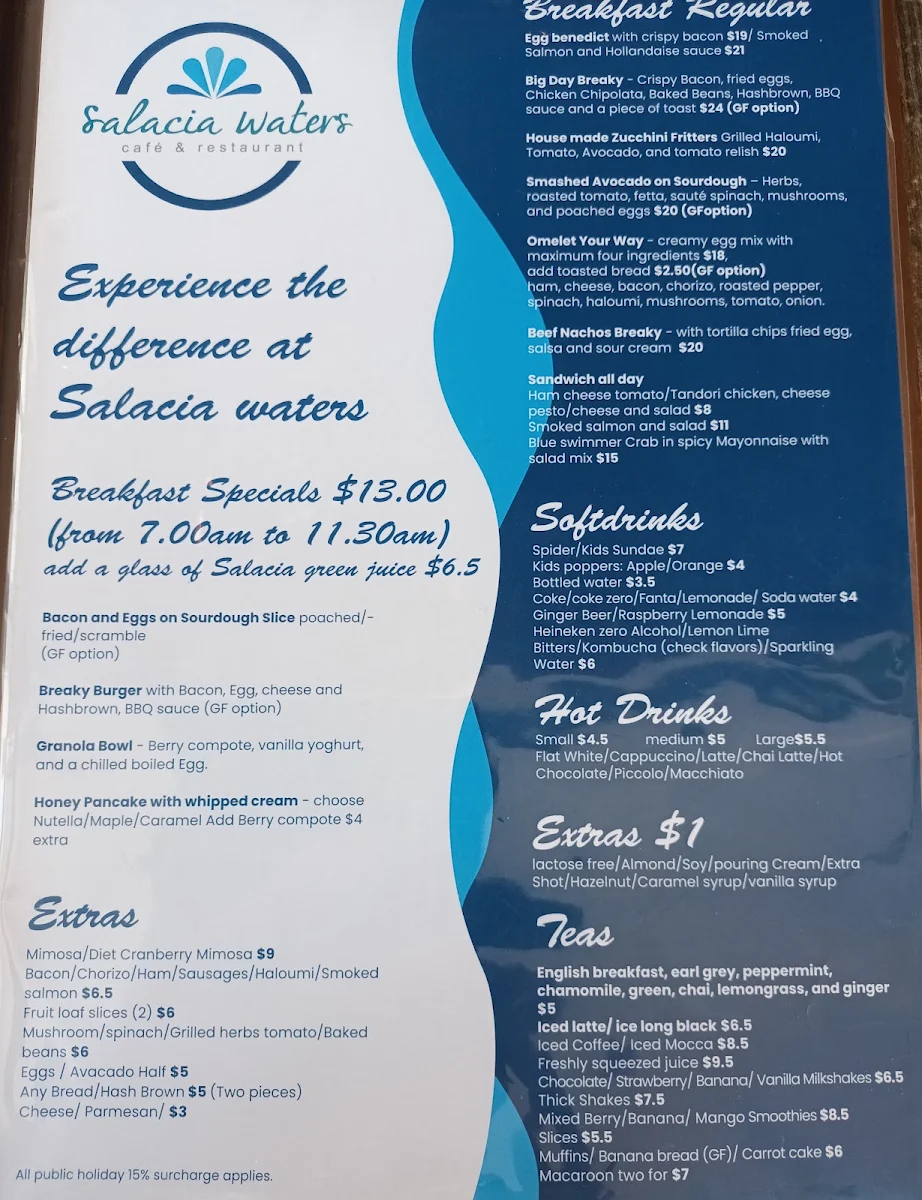 Menu, Salacia Waters Café & Restaurant