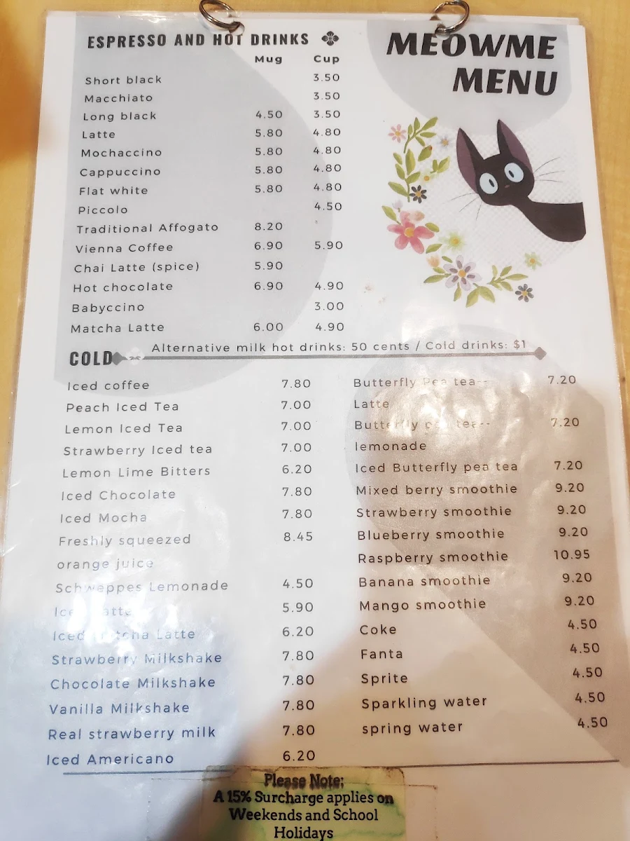 Menu, MeowMe Cat Cafe