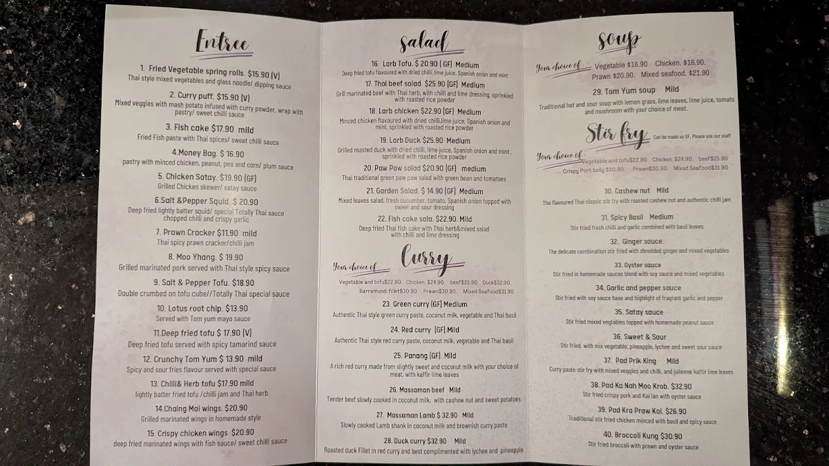 Menu, Totally Thai