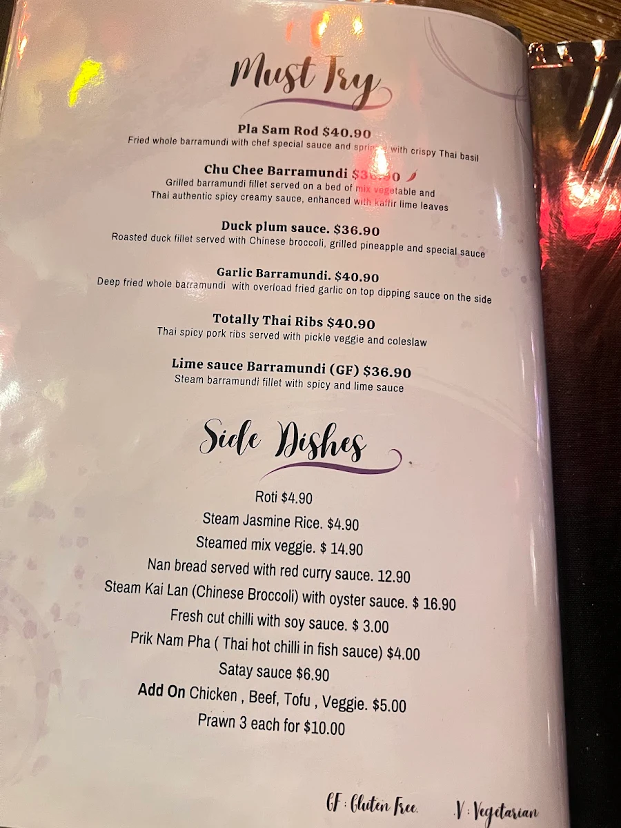 Menu, Totally Thai