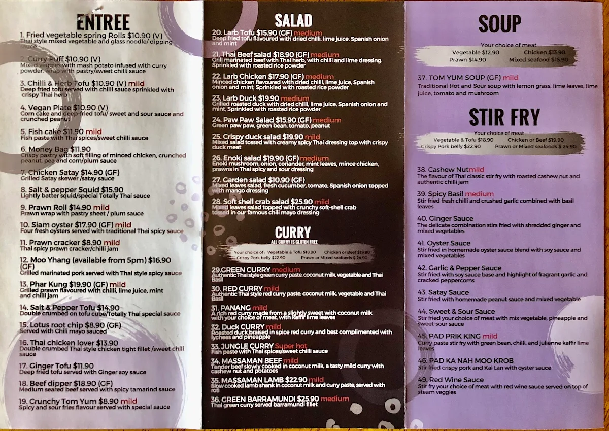 Menu, Totally Thai