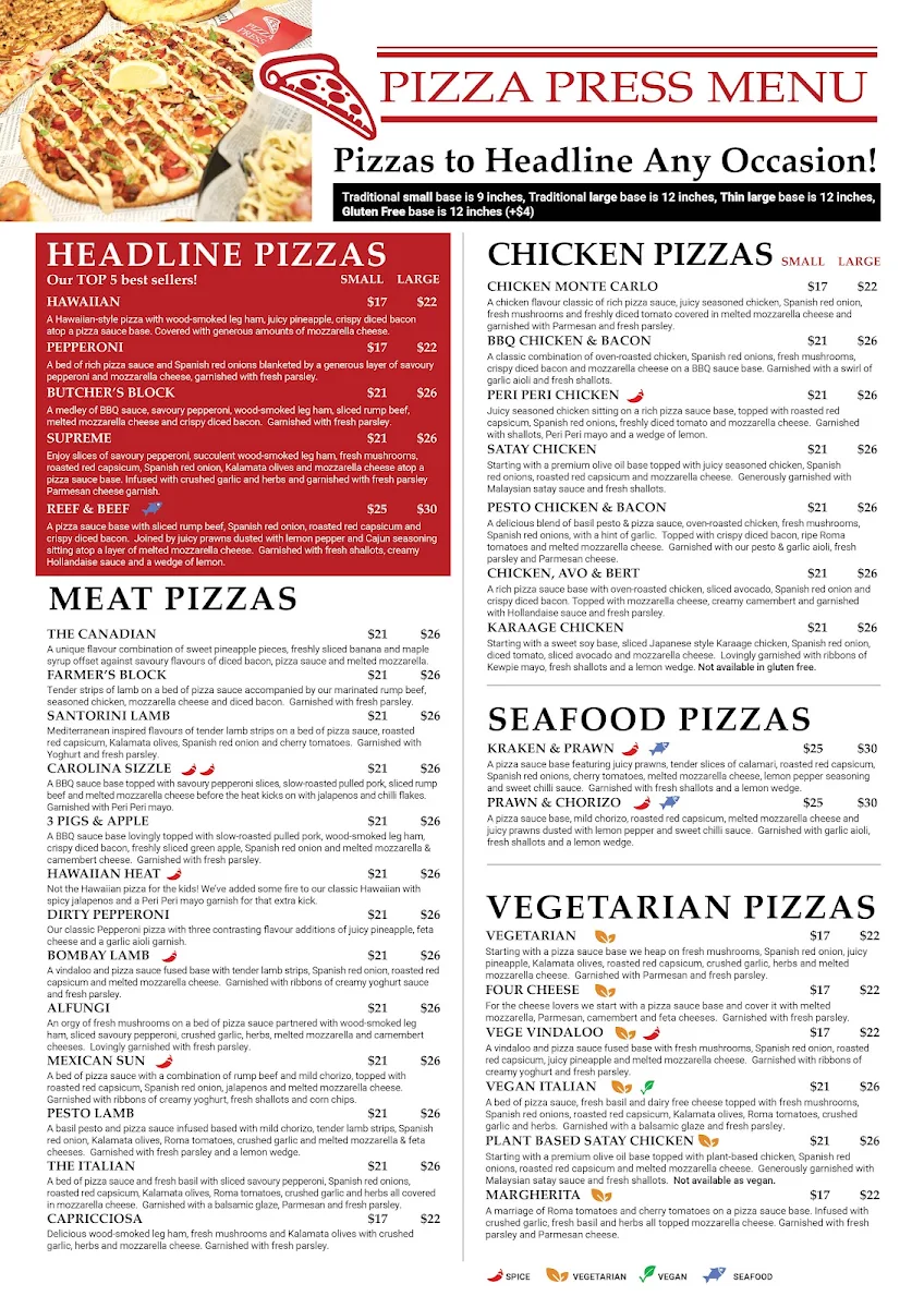 Menu, Pizza Press