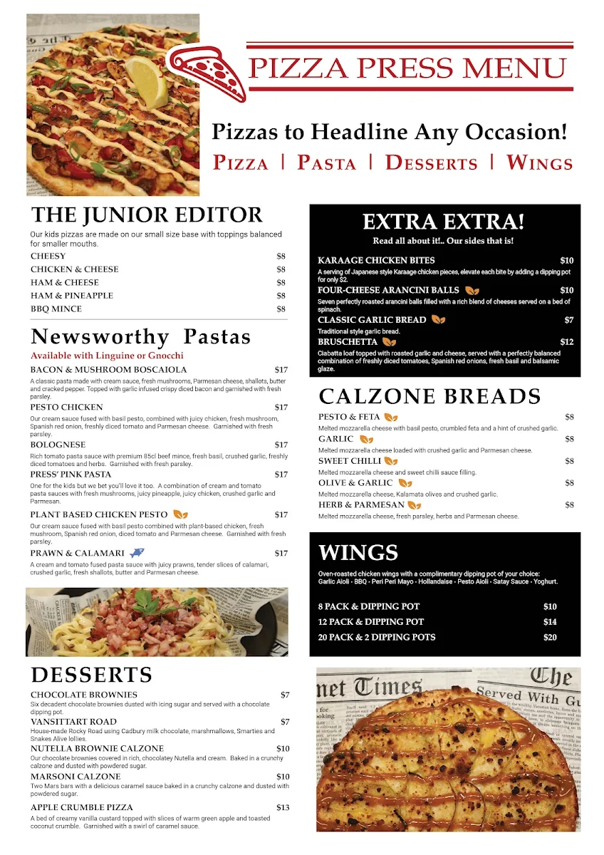 Menu, Pizza Press