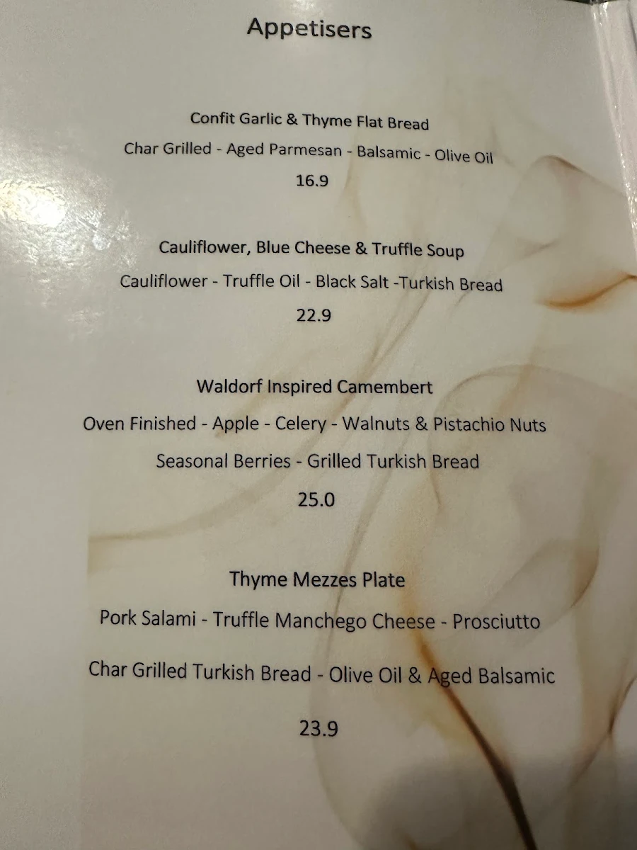 Menu, Thyme at The Lakes