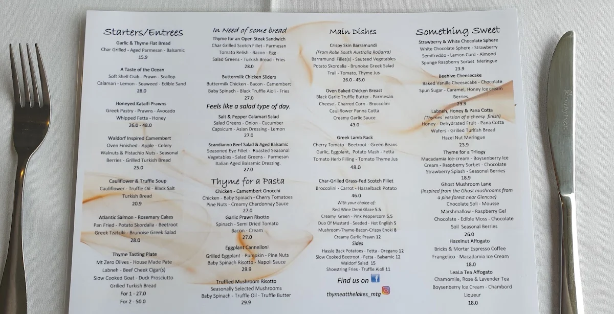 Menu, Thyme at The Lakes