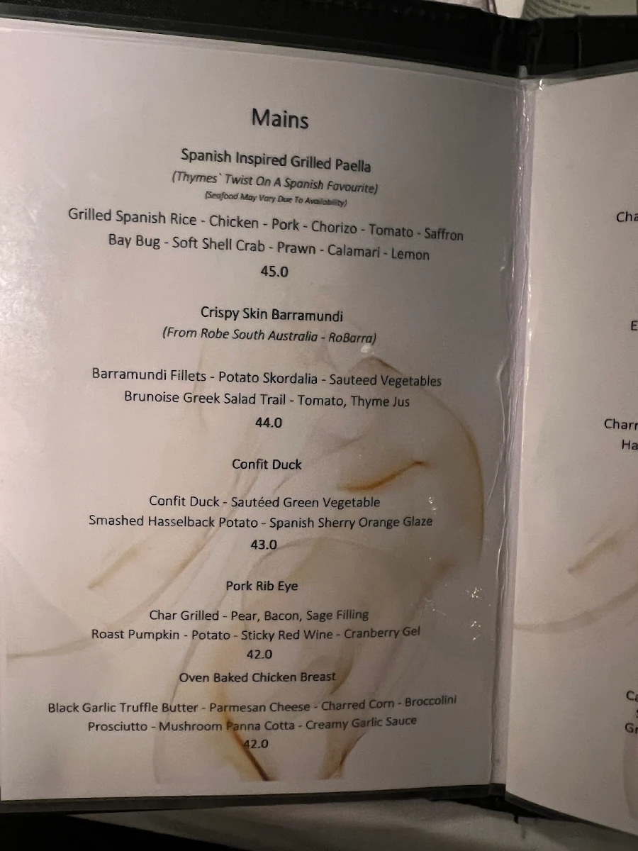 Menu, Thyme at The Lakes