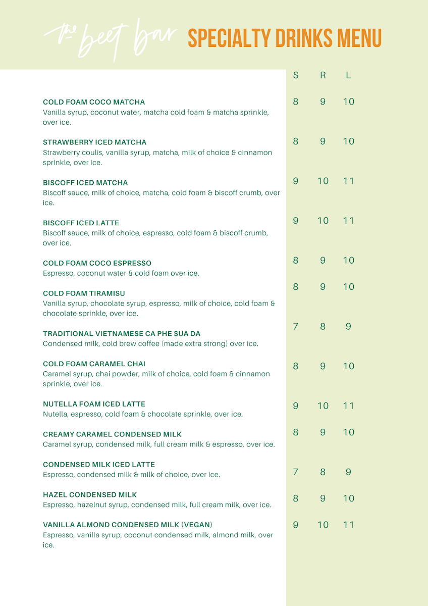 Menu, The Beet Bar