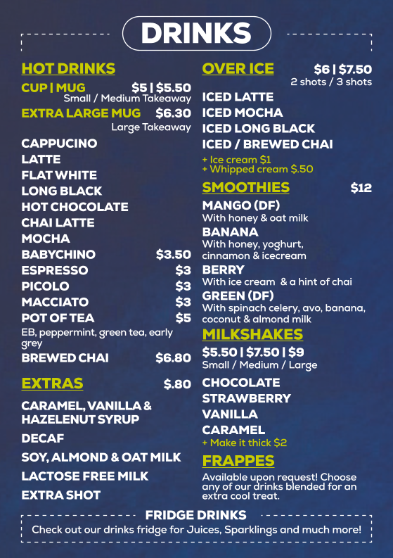 Menu, Vibe Coffee House
