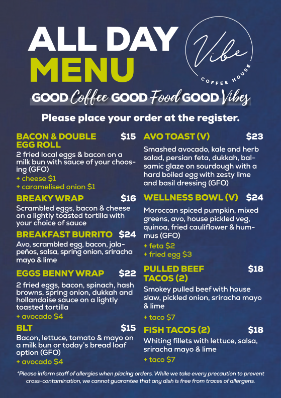 Menu, Vibe Coffee House