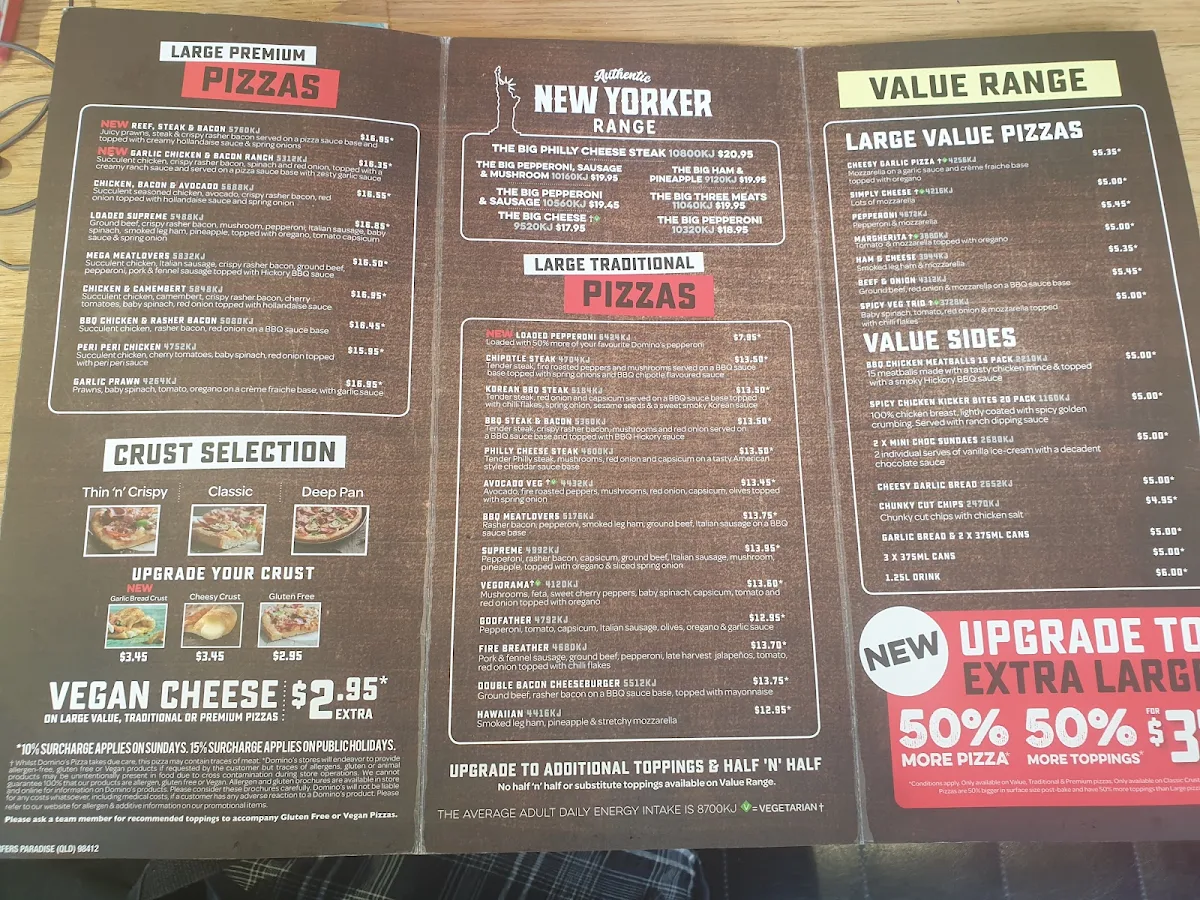 Menu, Domino's Pizza Surfers Paradise