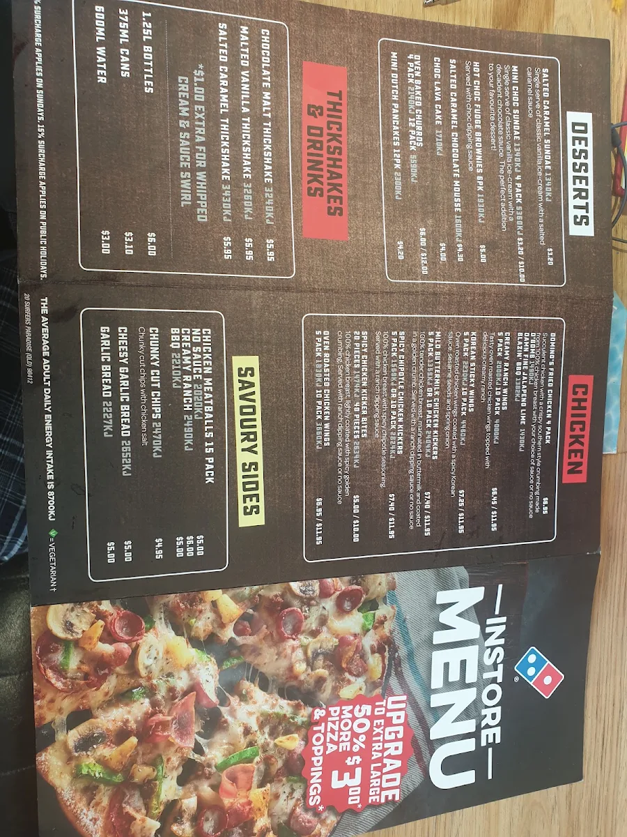 Menu, Domino's Pizza Surfers Paradise