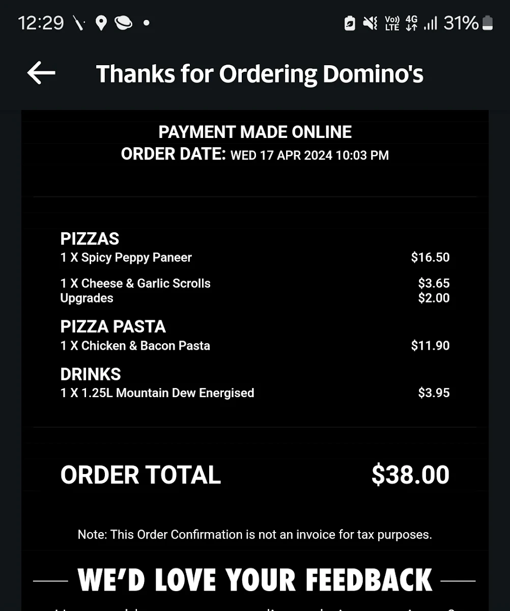 Menu, Domino's Pizza Surfers Paradise