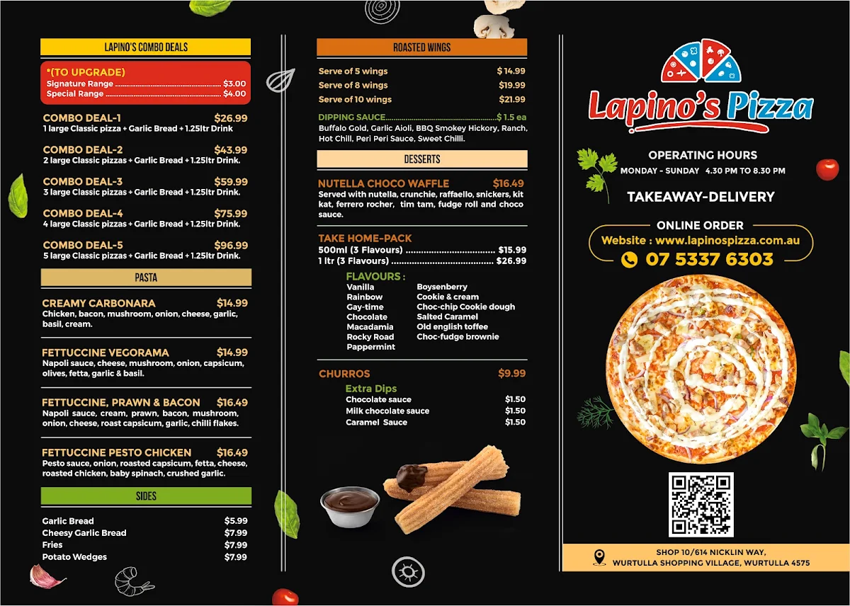 Menu, Lapino's Pizza