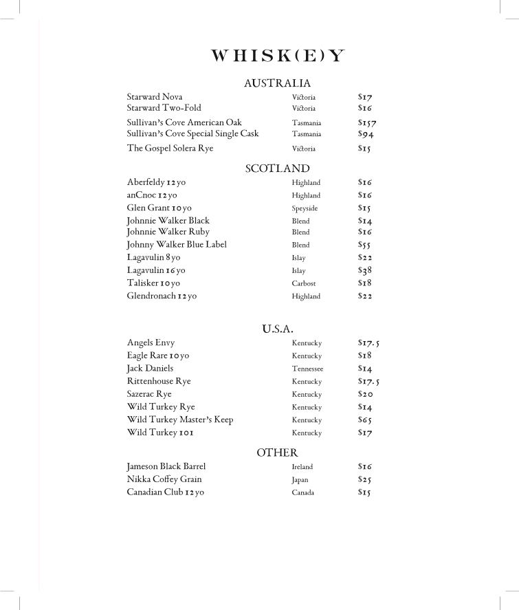 Menu, Union Electric Bar & Rooftop