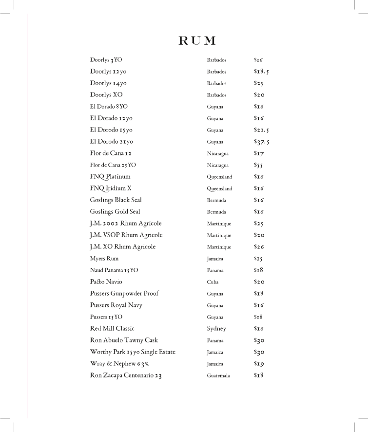 Menu, Union Electric Bar & Rooftop