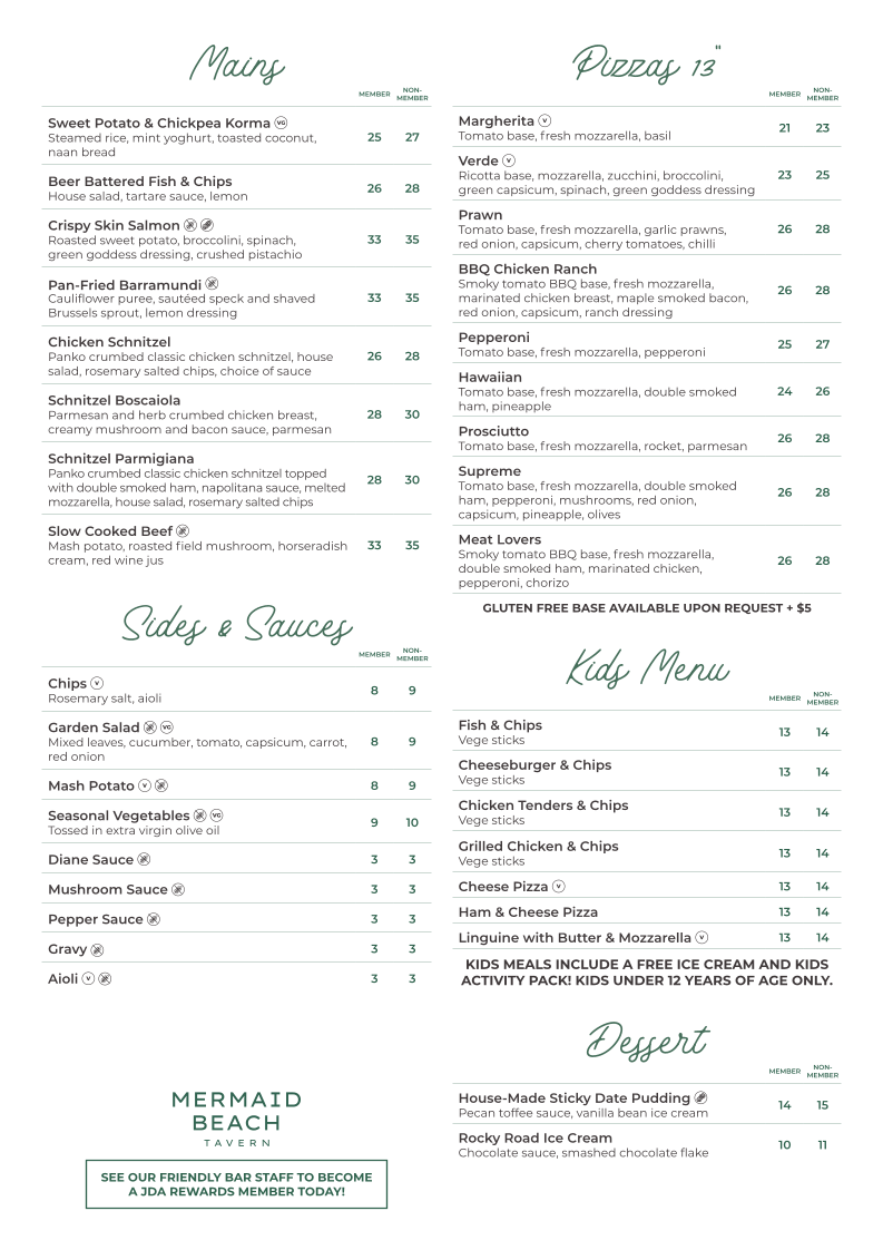 Menu, Mermaid Beach Tavern