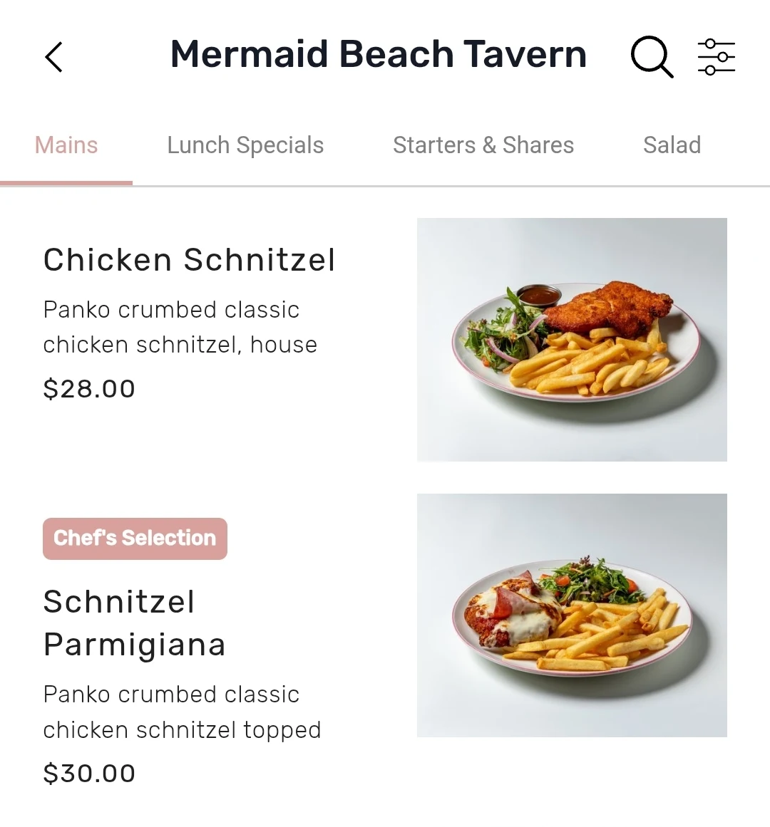 Menu, Mermaid Beach Tavern