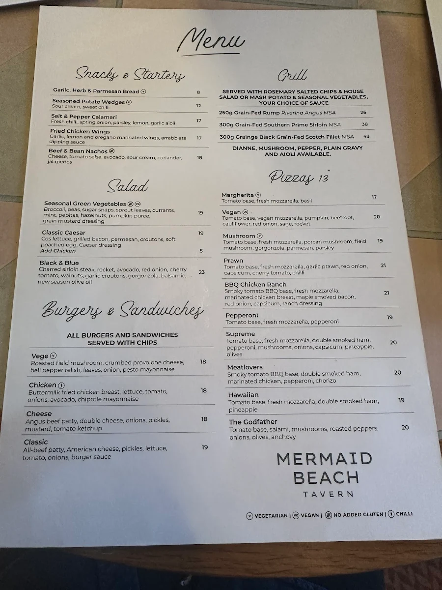 Menu, Mermaid Beach Tavern