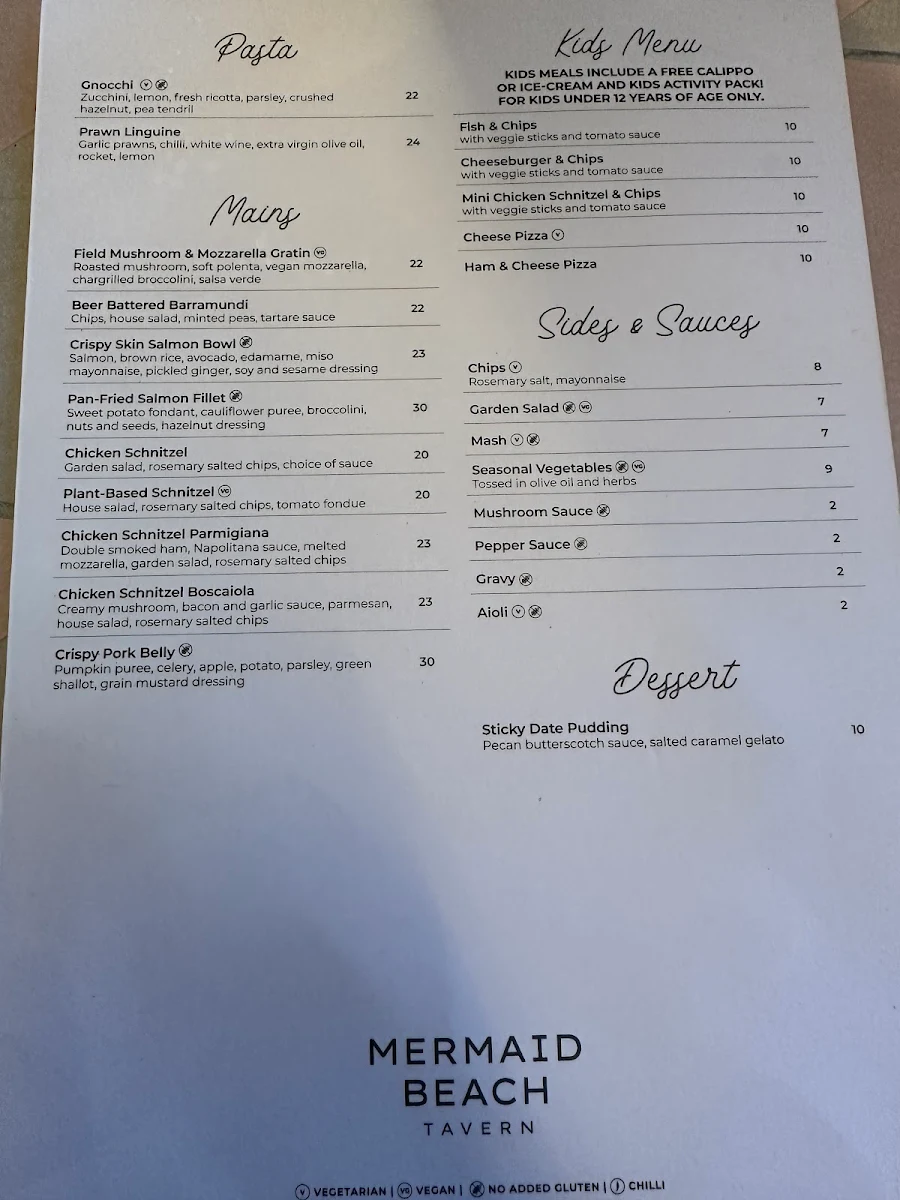 Menu, Mermaid Beach Tavern