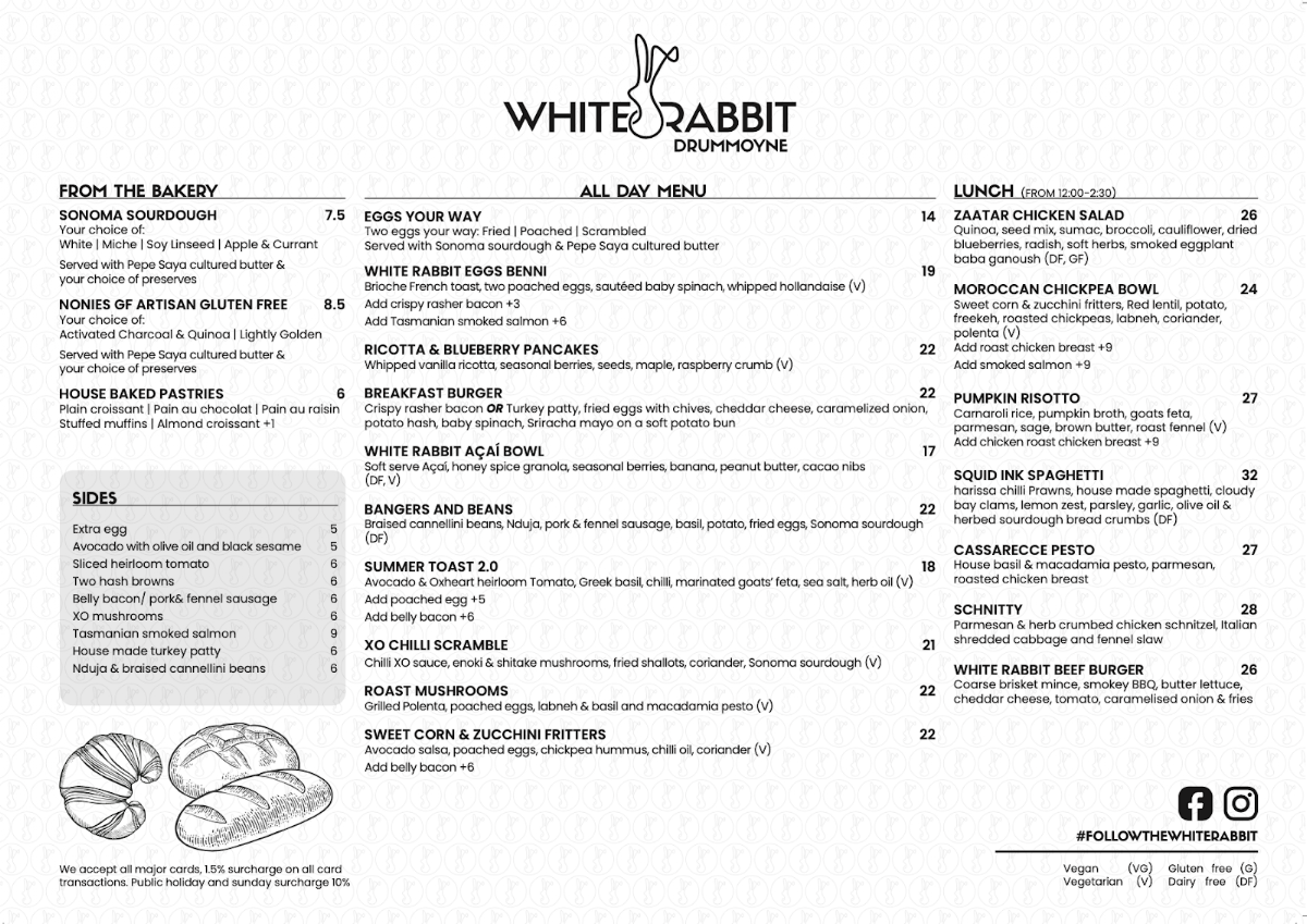 Menu, White Rabbit Drummoyne