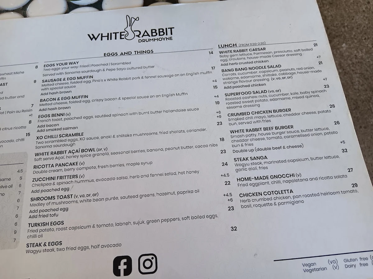 Menu, White Rabbit Drummoyne