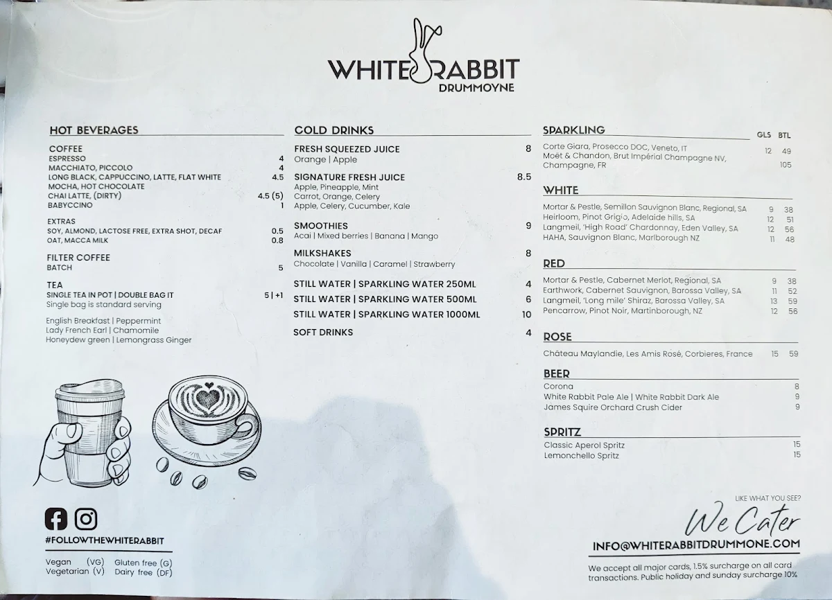 Menu, White Rabbit Drummoyne